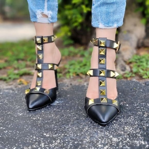 Shoes - Women's Black Rockstud Ankle Strap Pump